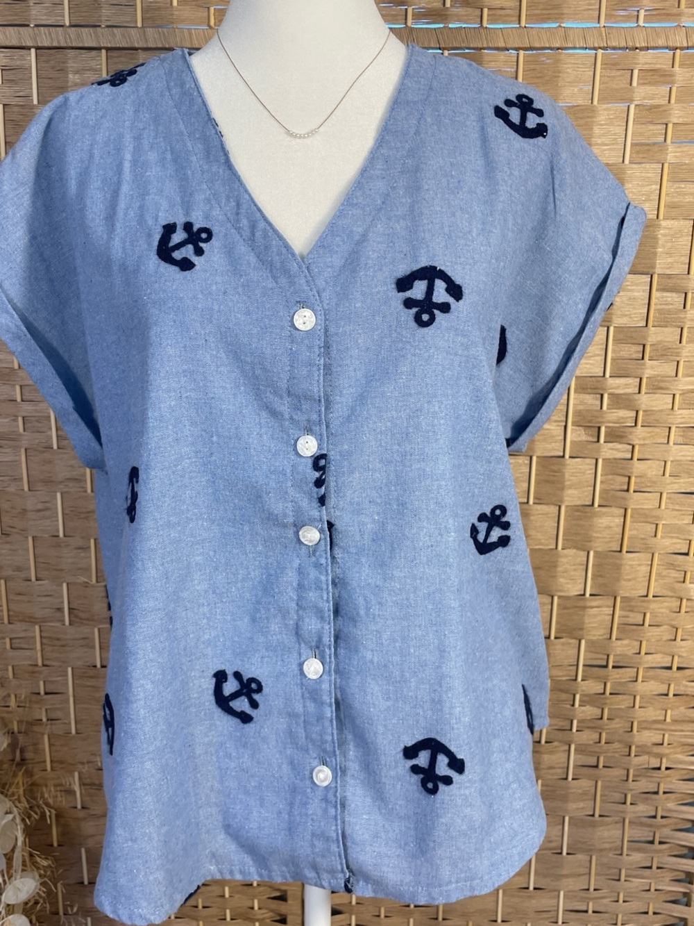 Light Blue Anchor Embroidered Button-Front Top